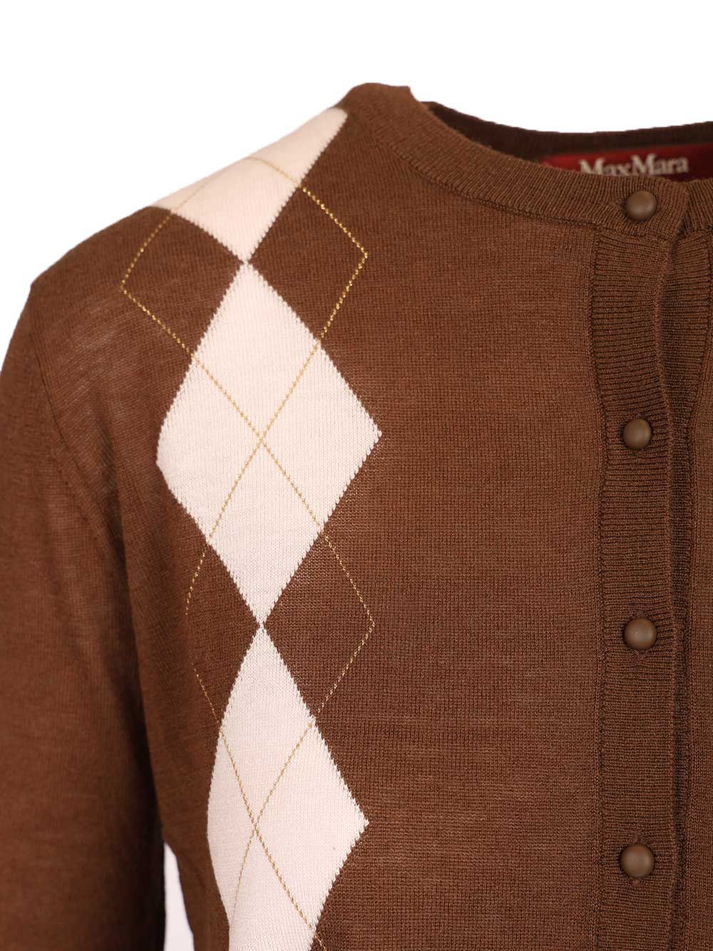 Max Mara Studio Argyle Wool And Silk Cardigan Knitwear - Marrone | 15ccda67e9c235448f4506d499eb077dbde6f7e6