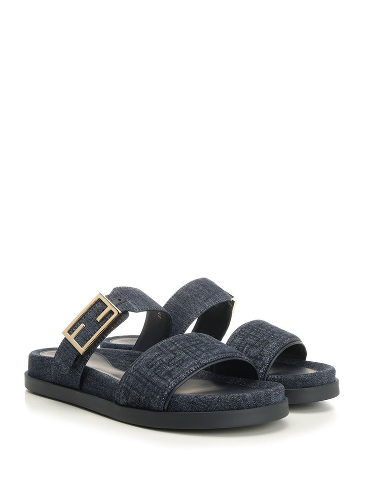 Fendi Flat Denim Slides Sandali - Blu | cc379fd2075bd7109c6a42ab99cd78005324a674