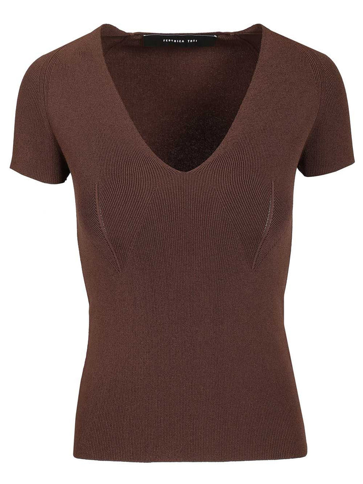 Federica Tosi V-Neck Sweater Top - Marrone | 2b529905b60f756ffa95cf4e7ab1cb444ac79c1b