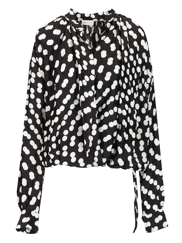 Dries Van Noten Polka Dot Jacquard Satin Draped Blouse Shirts - Nero | 4ec834789553251edc4cea9ae74a003a8d4f3676