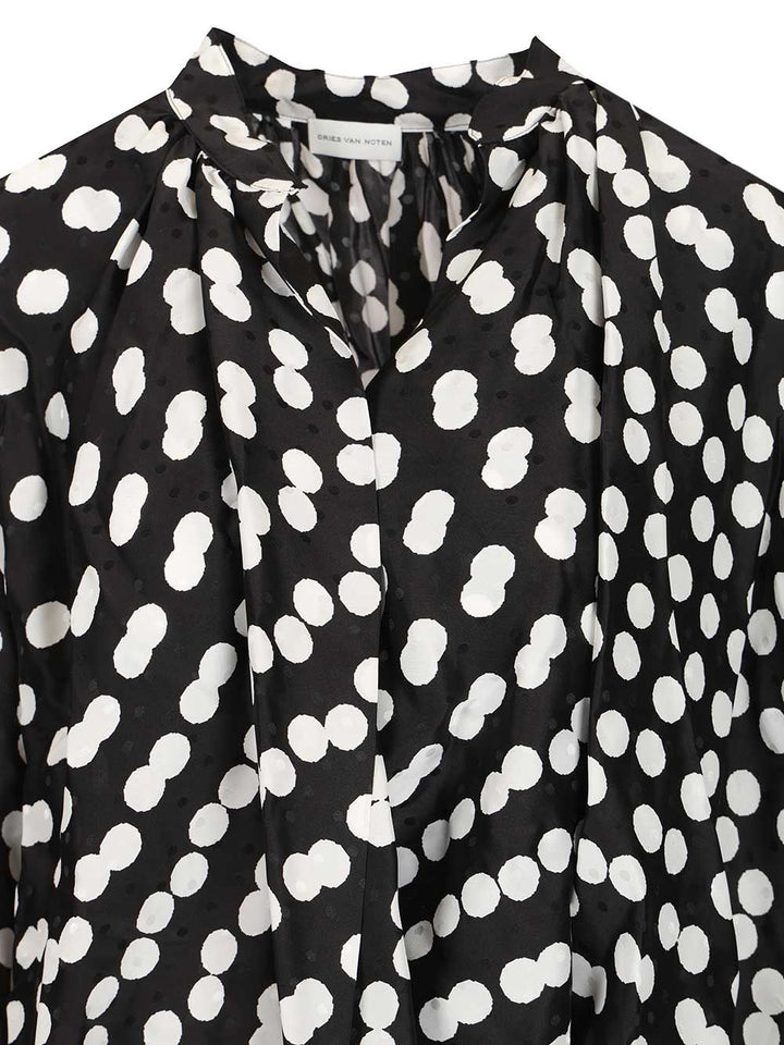 Dries Van Noten Polka Dot Jacquard Satin Draped Blouse Shirts - Nero | 77faae960b1e8d0b8fd3c8b1008170c9ac6de417