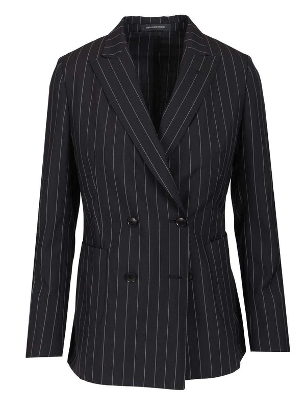 Unlined Double-Breasted Jacket With 4 Buttons, Patch Pocket, Peak Lapel, Black