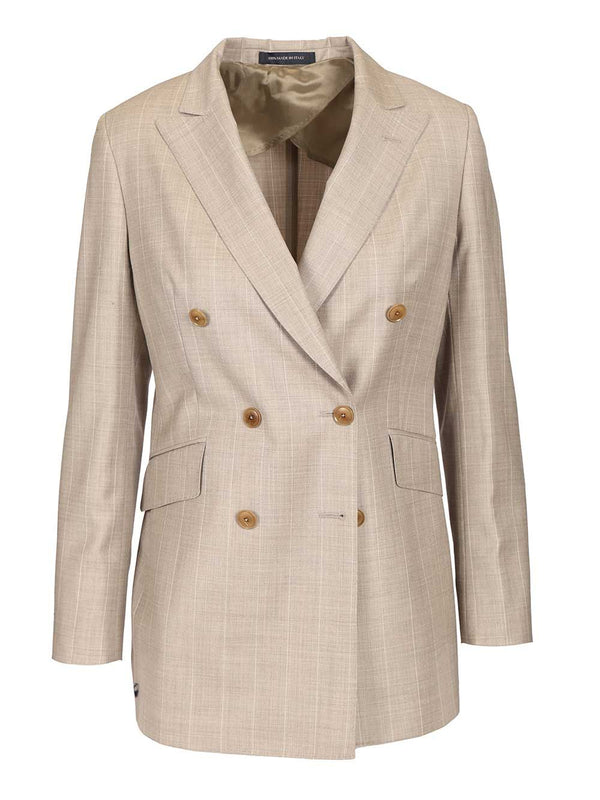 Semi-Lined Double-Breasted Jacket With 6 Buttons, Flap Pocket, Boxy Fit, Beige