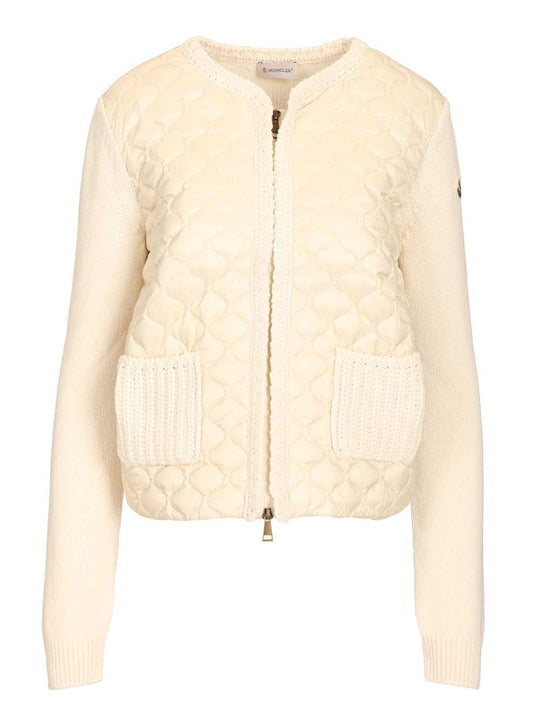 Padded Cardigan With Zip And Geometric Quilting Knitwear Bianco