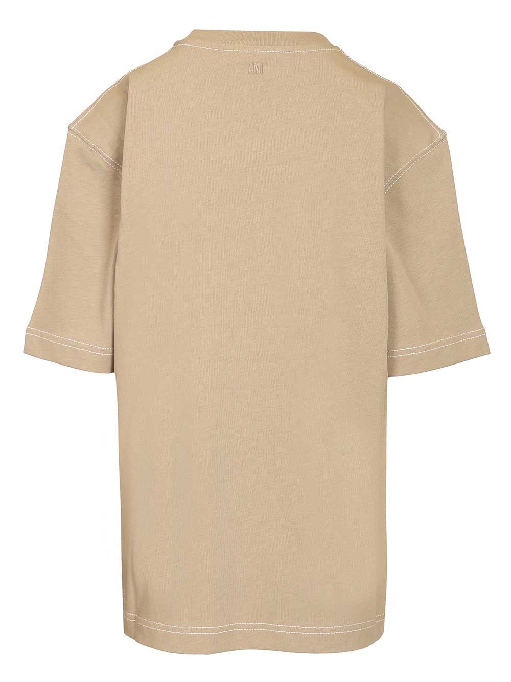 Ami Short Sleeves Boxy Fit Teeshirt With Topstitched Ami De Coeur T-Shirt - Beige | 6ec58e404a32eee2bc015e2d481c064a7ae9b4cd