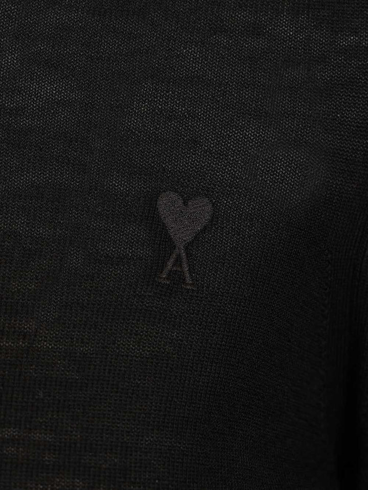 Ami Quota -Crewneck Sweater With Contrasted Ami De Coeur Knitwear - Nero | 1fe717917082012f2324928154fdc138e3d3be50