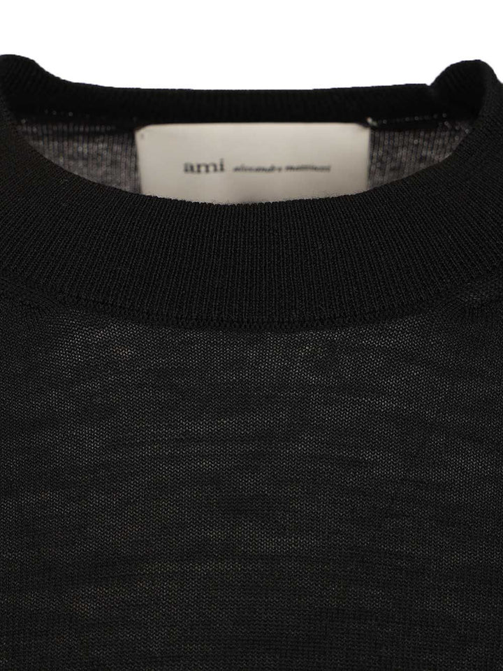 Ami Quota -Crewneck Sweater With Contrasted Ami De Coeur Knitwear - Nero | 5859477040ad59e96bea5cb2828da74e26d65b68