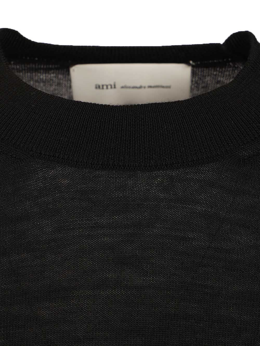 Ami Quota -Crewneck Sweater With Contrasted Ami De Coeur Knitwear - Nero | 5859477040ad59e96bea5cb2828da74e26d65b68