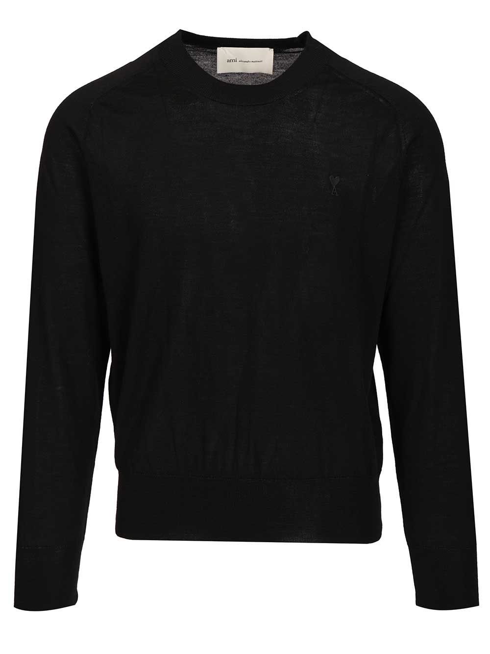 Ami Quota -Crewneck Sweater With Contrasted Ami De Coeur Exrafine Merino Wool Knitwear - Nero | 5077fe3e3f0110edb7bfb3395fcf1c4ff21f349a