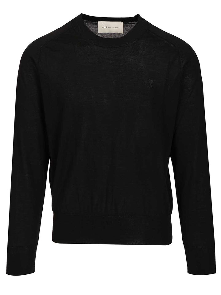 Ami Quota -Crewneck Sweater With Contrasted Ami De Coeur Exrafine Merino Wool Knitwear - Nero | 5077fe3e3f0110edb7bfb3395fcf1c4ff21f349a