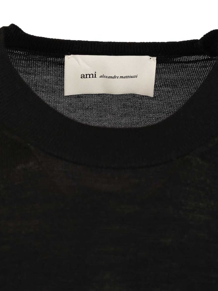 Ami Quota -Crewneck Sweater With Contrasted Ami De Coeur Exrafine Merino Wool Knitwear - Nero | b260050710bca5586bfe1aa91a9168e3a50633b3