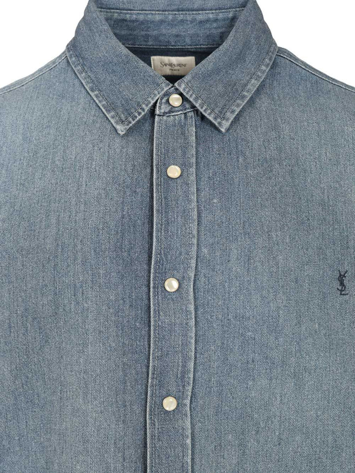 Saint Laurent Cassandre Denim Shirt Shirts - Blu | b03b174a3635e076782d9857047089a9b751dfdc
