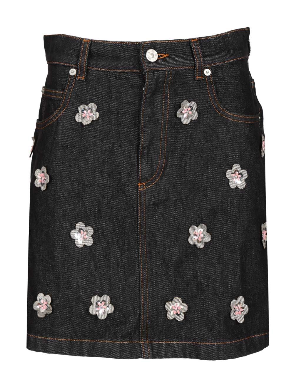 Marni Black Denim Skirt With Daisy Appliques Knitwear - Blu | 61aeeb605b6d1d2a5a4f5bb1d5f80ad8c685e7e8