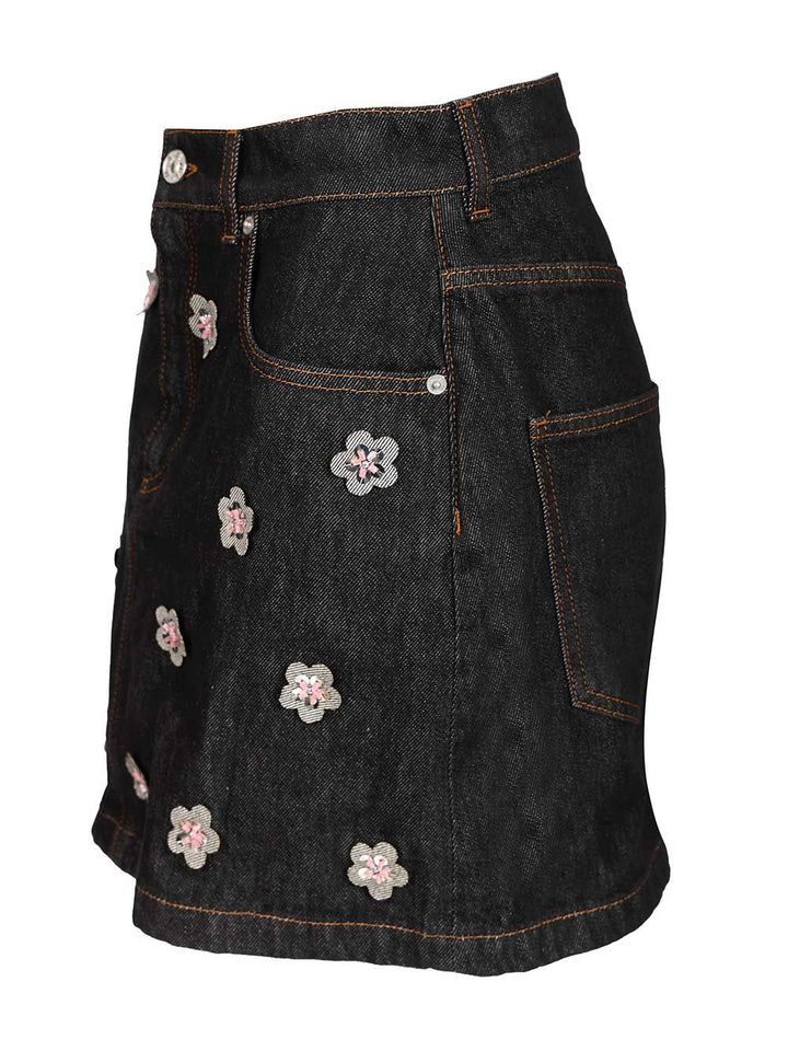 Marni Black Denim Skirt With Daisy Appliques Knitwear - Blu | 24b9252e4c24e0ad43aded18102e25e0f9869e87
