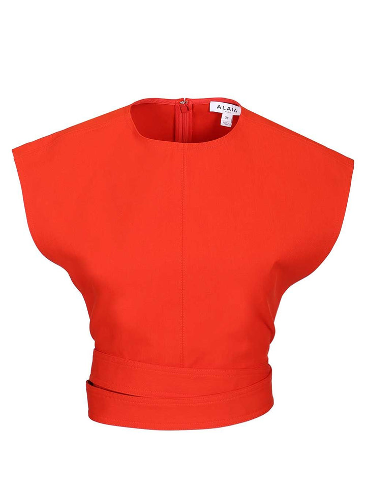 AlaÏA Cropped Top In Cotton Gabardine With Band Top - Rosso | 37f2b5f550e054c7426bffd734c32f98b5c6ed00