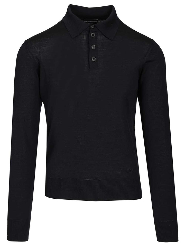 Emporio Armani Long-Sleeved Wool Polo Shirt Knitwear - Blu | 4229982328c949a2932dfe52999692302941d878