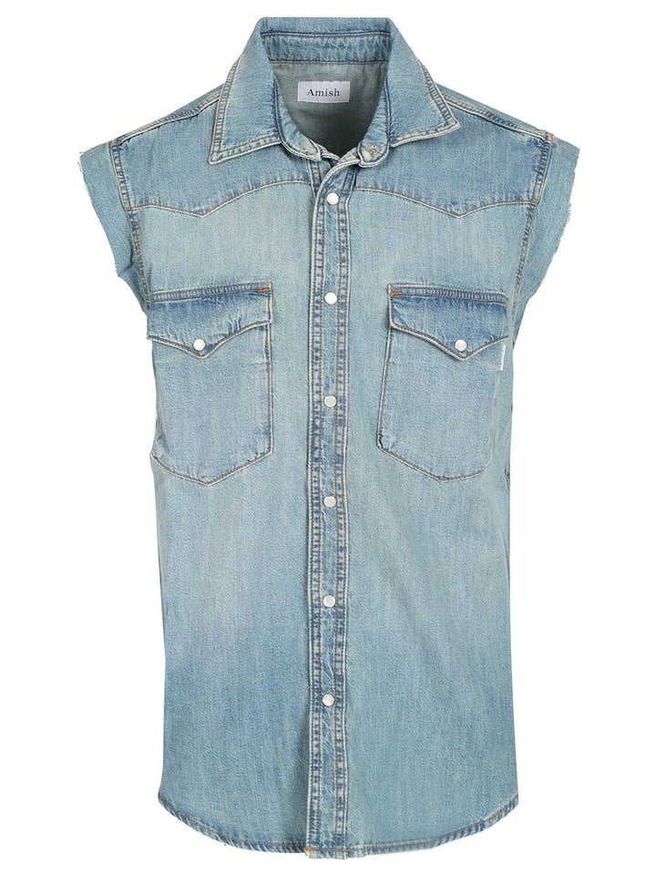 Amish Sleeveless Denim Shirt Giacche - Light blue | fd8e3b289db7977bc6a9c6de43929858252ff92b
