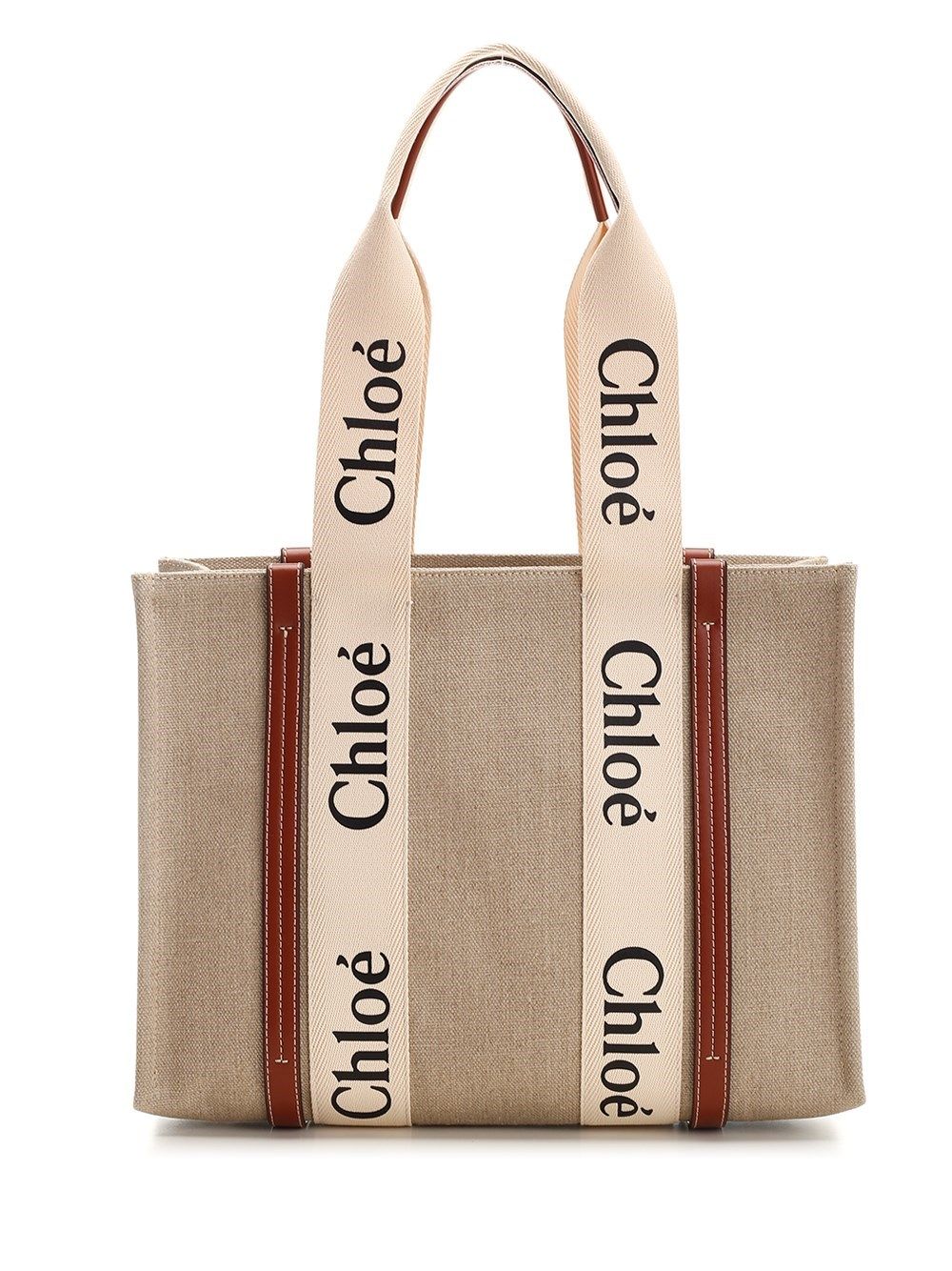 Chloe' Woody Linen Tote Bag Shoulder Bags - Bianco | 8fff9e42b28326495c7105049aabc0fd0f044347