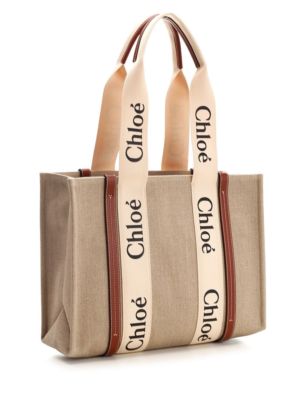 Chloe' Woody Linen Tote Bag Shoulder Bags - Bianco | ee8848e78284f3fc7e42fa8383990ac69bc1ccd1