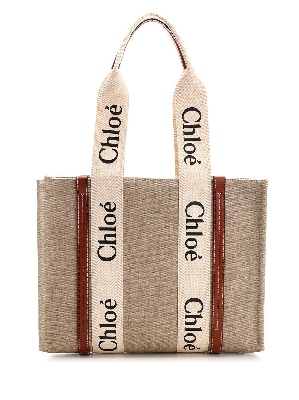 Chloe' Woody Linen Tote Bag Shoulder Bags - Bianco | 78940b2b675a3eb4d93846351b951a66ddc8b1b1