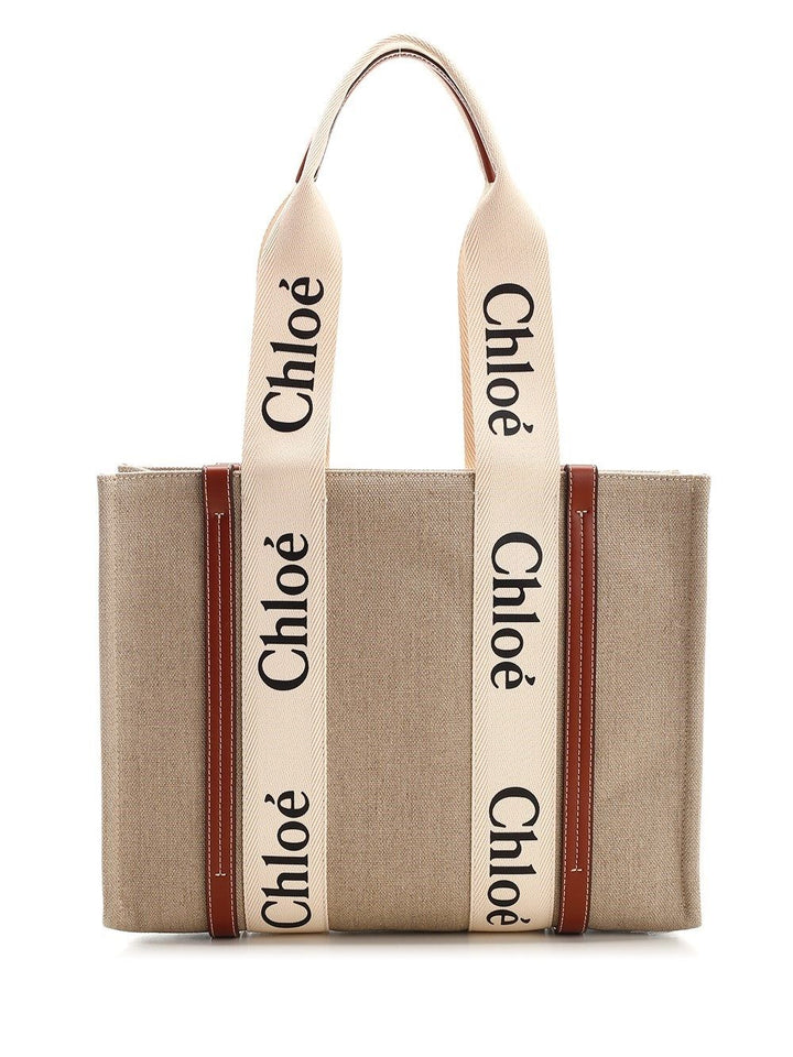 Chloe' Woody Linen Tote Bag Shoulder Bags - Bianco | 78940b2b675a3eb4d93846351b951a66ddc8b1b1