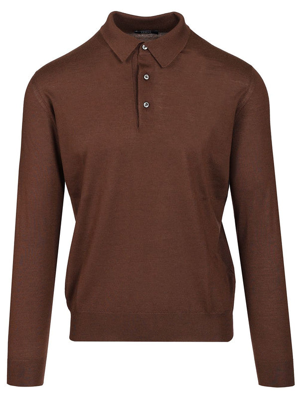 Long-Sleeved Polo Shirt Knitwear Brown