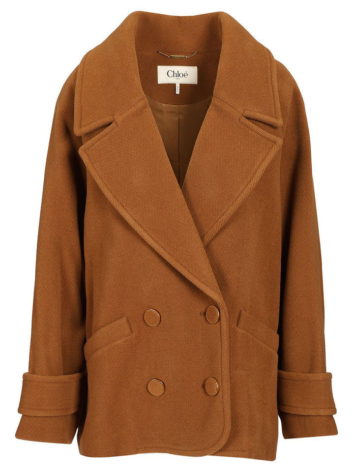 Chloe' Short Double-Breasted Wool Coat With Herringbone Pattern Giacche - Marrone | d120e2bf7ae74db9dc8567ba62098ceddc53c8f8