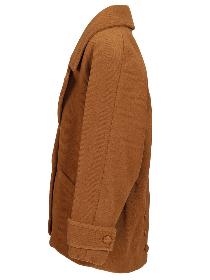 Chloe' Short Double-Breasted Wool Coat With Herringbone Pattern Giacche - Marrone | e6e75e628f9384bf181582157f188add641eb950