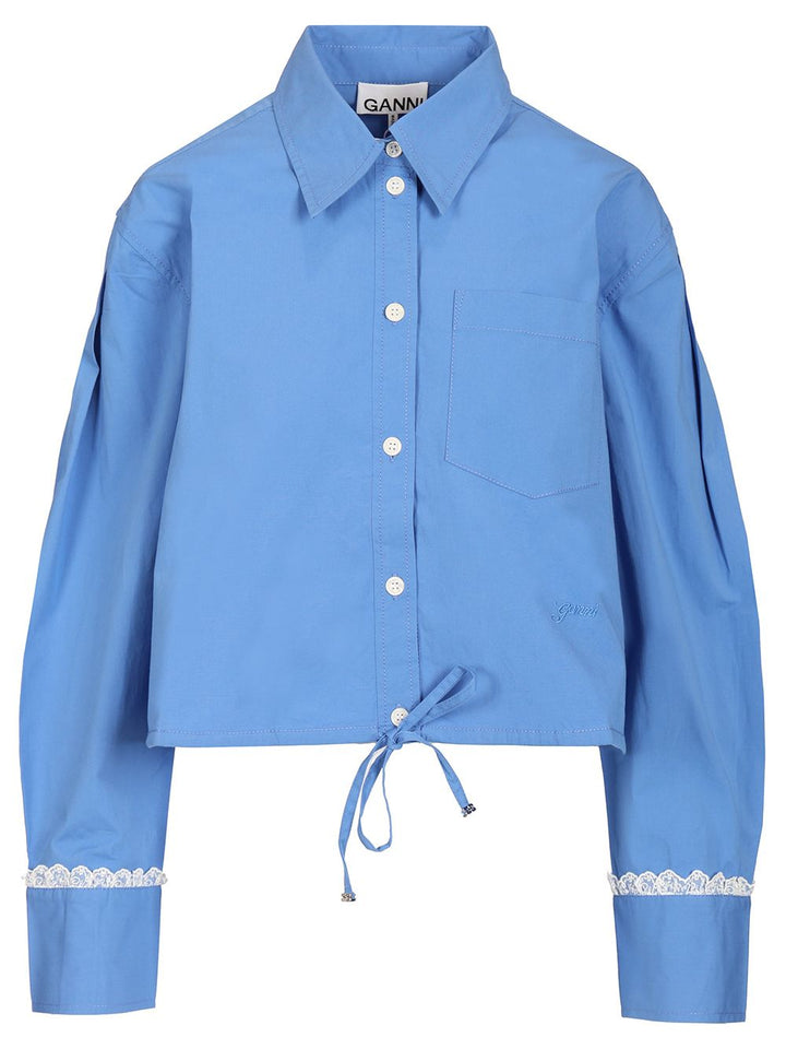 Ganni Stretch Cotton Cropped Bowling Shirt Shirts - Light blue | 2b6b7f2622a811b7d022d5da83f2403183d2d45e
