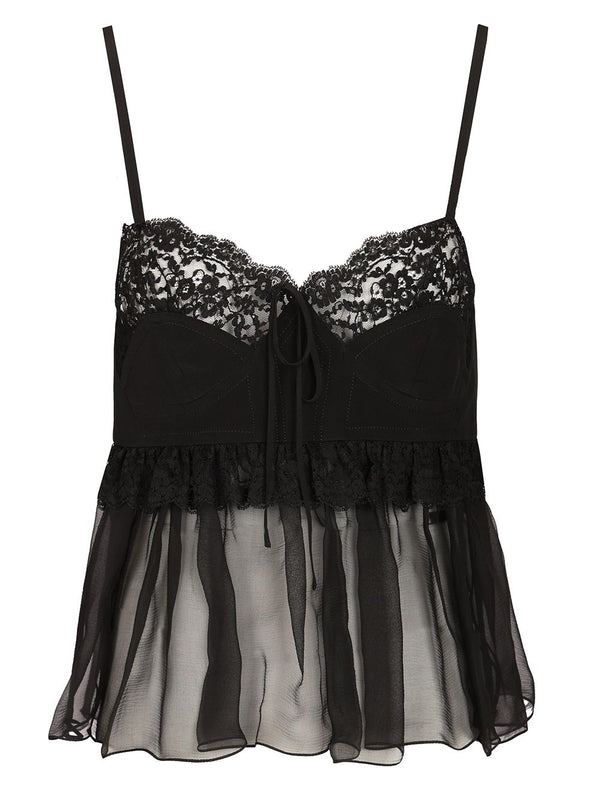 Lace Silk Viscose Slip Top Top Nero