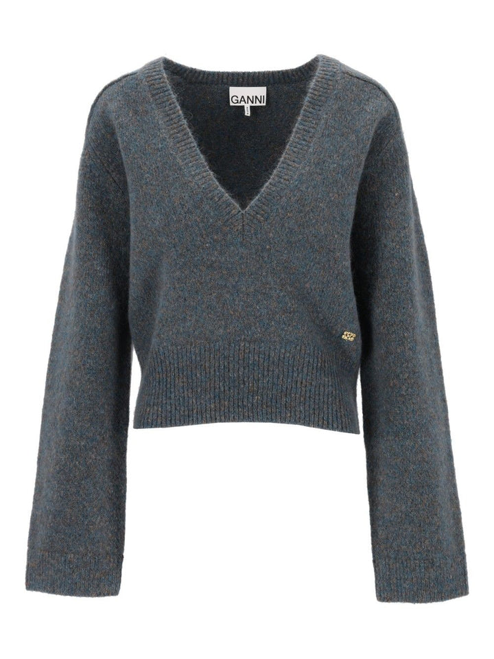 Ganni Melange Mohair Deep V-Neck Knitwear - Blu | 1c0596f8c15bb00059c7ca9fbd7e97d5c1b3efe5