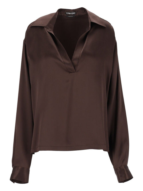 Peach-Feel Silk Satin Polo Shirts Marrone