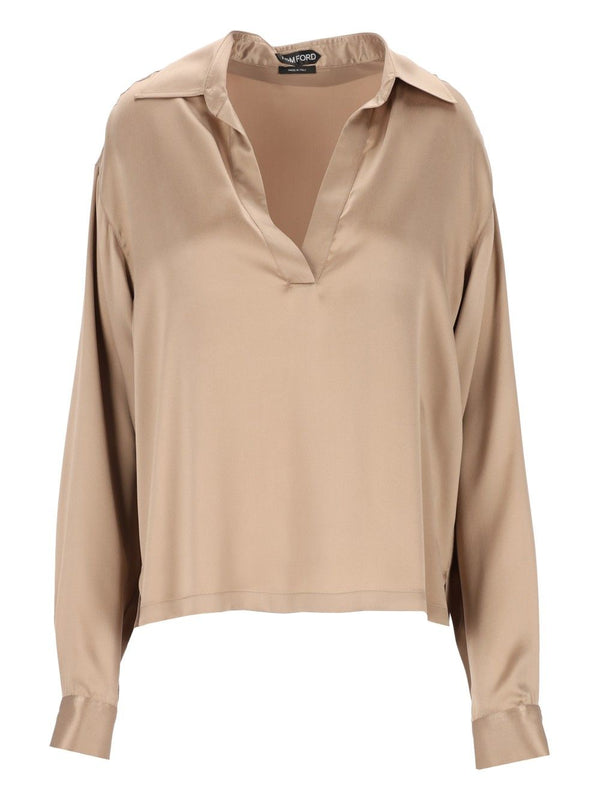 Peach-Feel Silk Satin Polo Shirts Beige