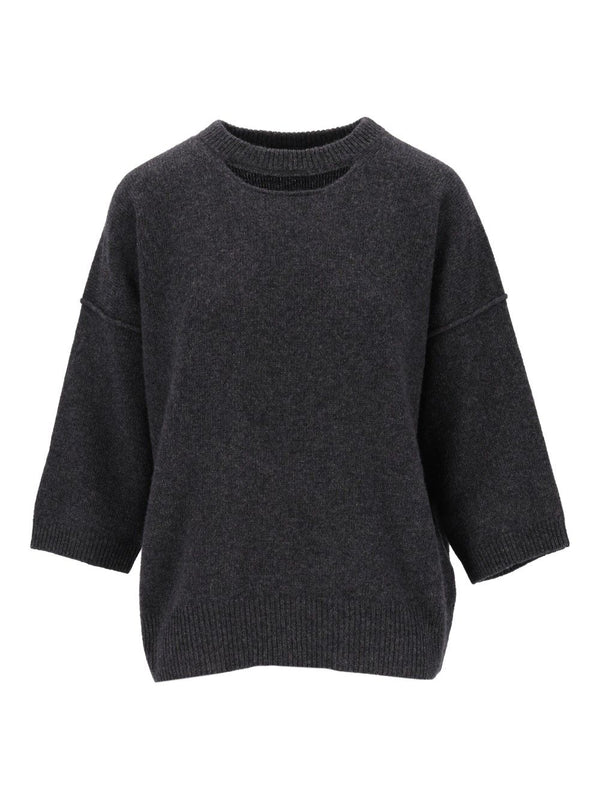 Jersey Cuello Redondo Con Abertura Mangas 3/4 - 70% Lana 30% Cachemira Géneros de Punto Gris