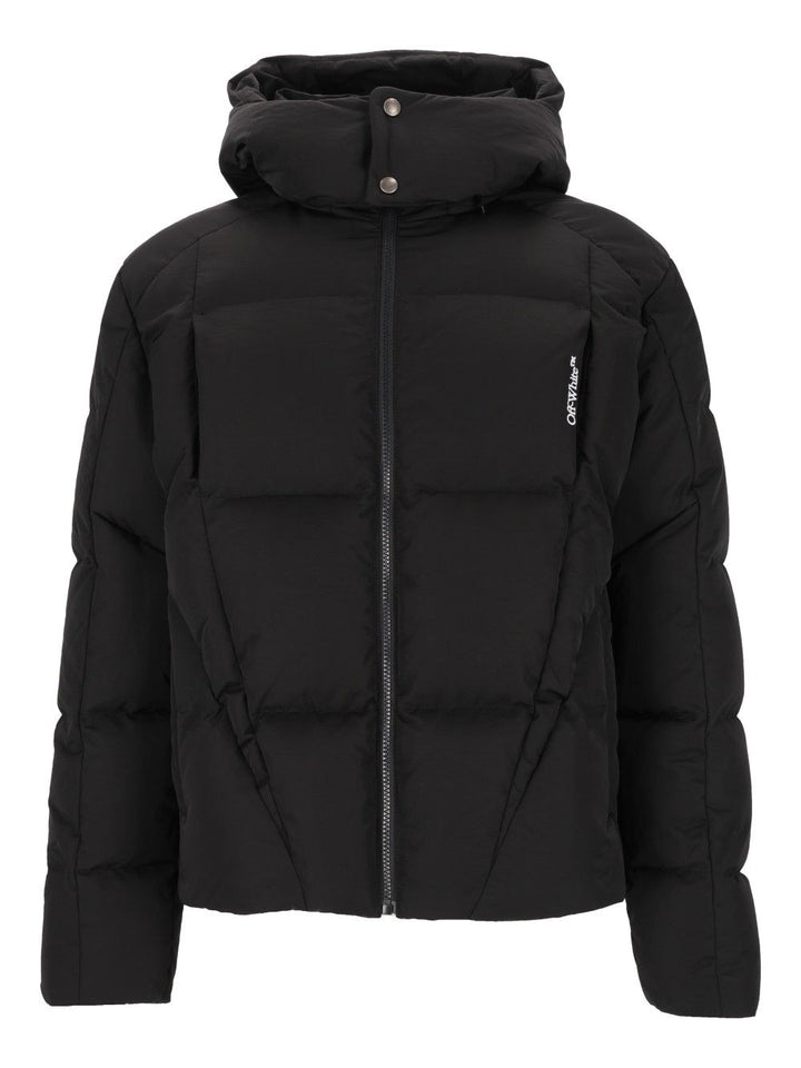 Off-White Bookish Nyl Twill Racing Puffer Coats - Nero | 6084c21962635280901f3864a66bb06242164eb2
