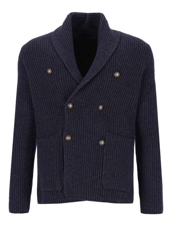 Cárdigan Cruzado Cuello Chal Melange 100 Lana Punto Azul