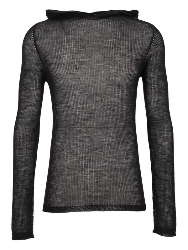 Sheer Hooded Long Sleeve Ribbed Lightweight Cashmere Knit Knitwear Nero