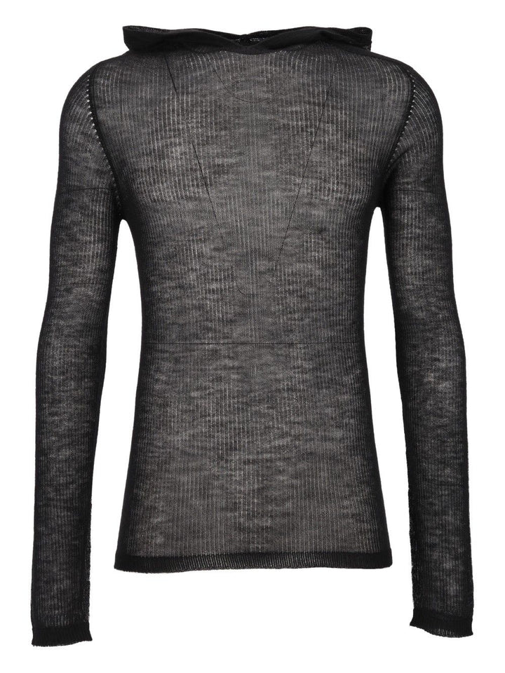 Rick Owens Sheer Hooded Long Sleeve Ribbed Lightweight Cashmere Knit Knitwear - Nero | 30280aab02daa763d66f950a7ef41dd62a61ab4e