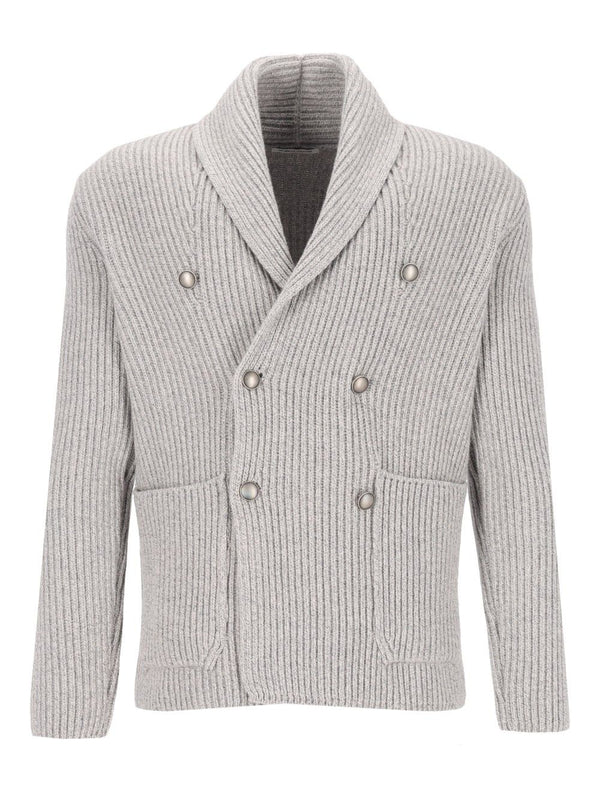 Cardigan Doppio Petto Scialle Melange 100 Lana Knitwear Grey