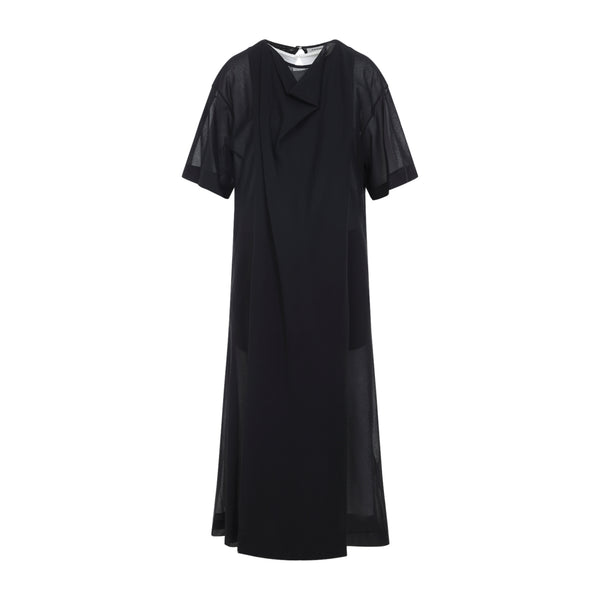 Black Sheer Draped Cotton Midi Dress