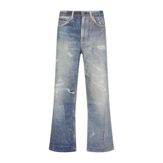 Digital Denim Blue Print Cotton Third Cut Jeans