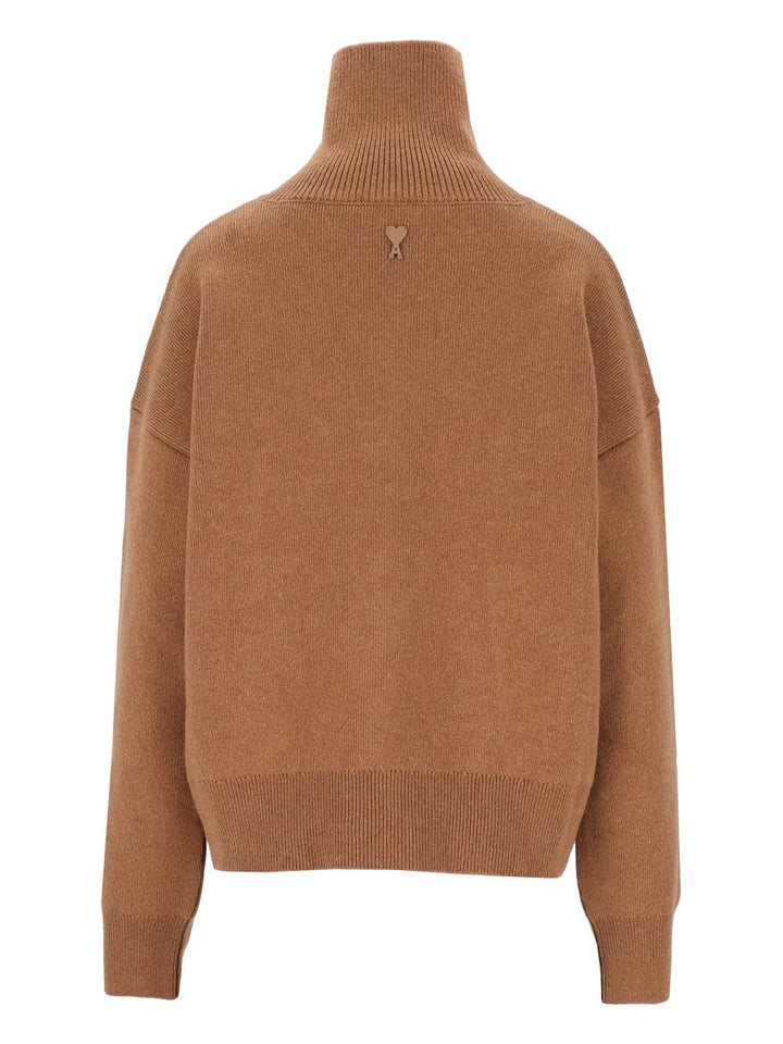Ami Wool Sweater With Buttoned Collar Knitwear - Marrone | f0377b87ba9b033fb783598006c48f4058ceeb84