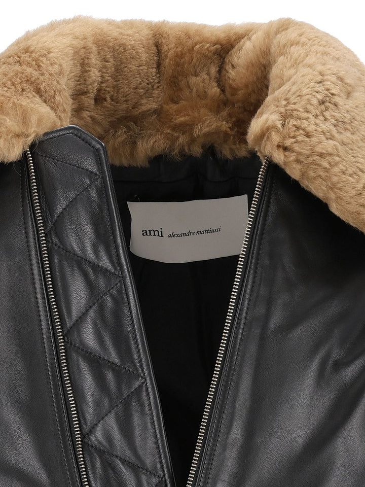 Ami Paris Zipped Padded Jacket With Shearling Collar Jackets Black