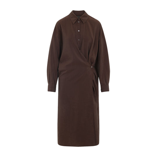 Brunette Brown Silk Straight Collar Twisted Dress