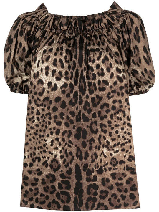 Top Maniche Corte In Popeline Stampa Leopardo