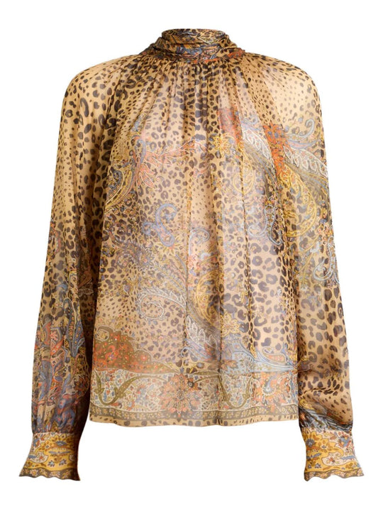 Blusa In Chiffon Di Seta Con Foulard E Motivo Paisley Animalier