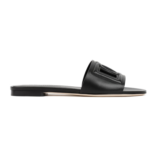Black Leather Flat Slides Sandals