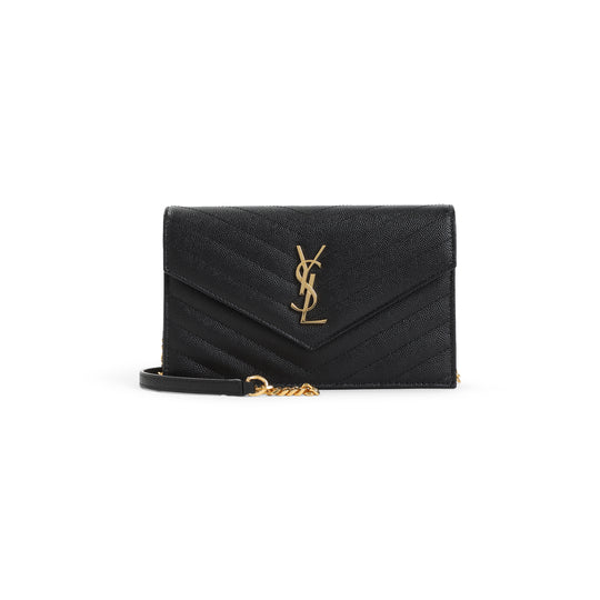 Black Grained Leather Ysl Chain Wallet