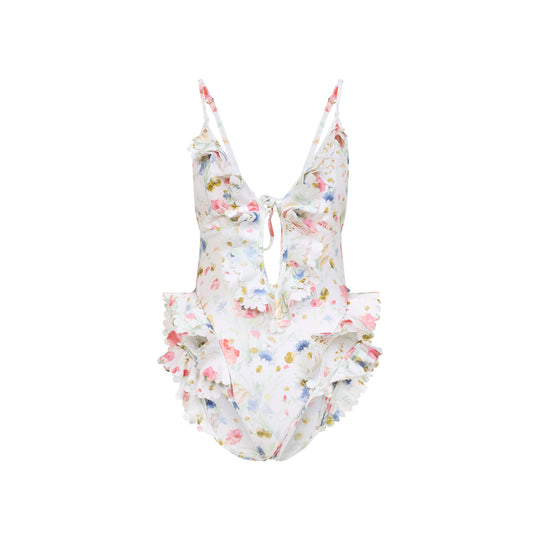 White Lucky Waterfall Frill Polyamide One-Piece