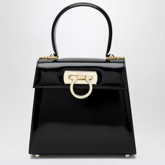 Small Black Leather Top-Handle Bag With Gancini Closure